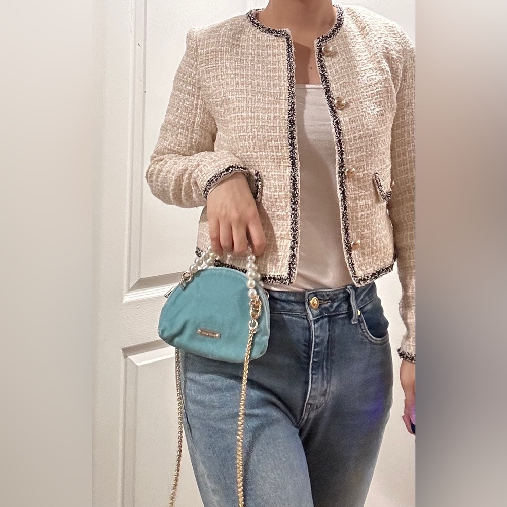 Miu Miu blue mini velvet pouch with pearl handle & Crossbody chain